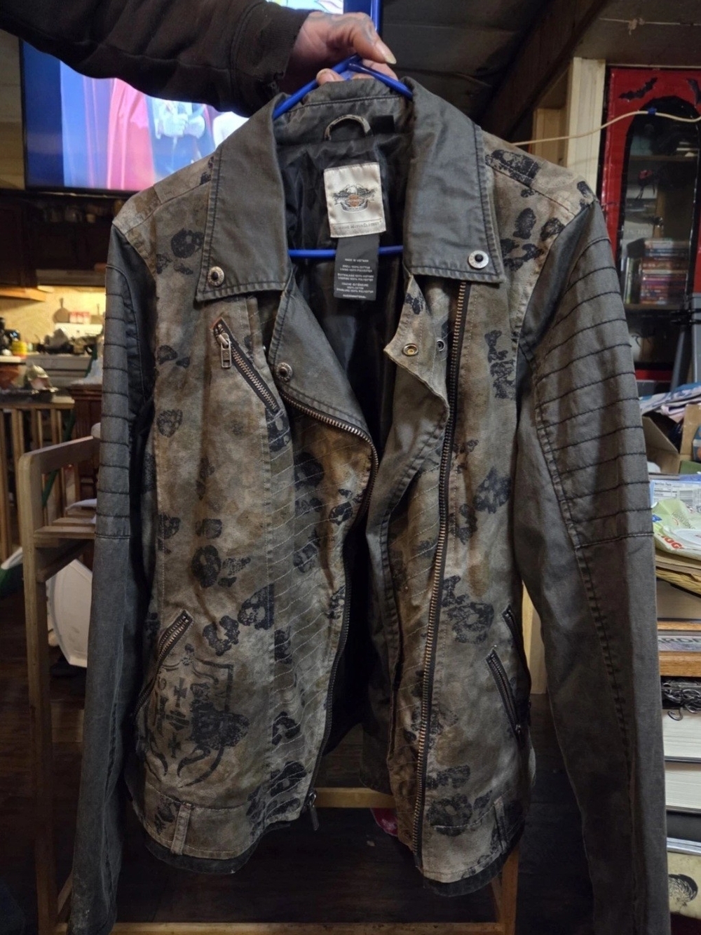 Harley Davidson Distressed Cotton Moto Jacket Skull Graphic Zip Asymmetric Large